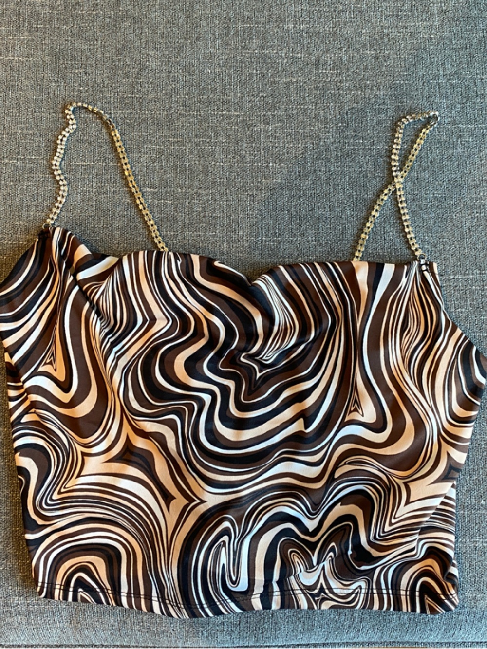 Swirl Print Satin Cami with Rhinestone Chain Straps - Black, White, Brown, Tan